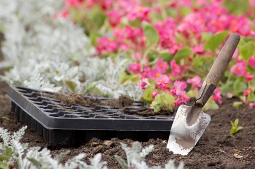 Balanced garden layout with patio, lawn, and planting in Shortlands